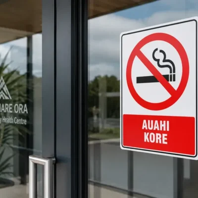 Auahi Kore No Smoking Sign displayed on a health centre entrance door