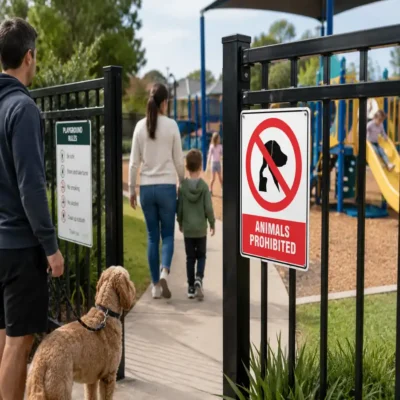 Animals Prohibited sign installed at a playground entrance preventing pets from entering a children's play area.