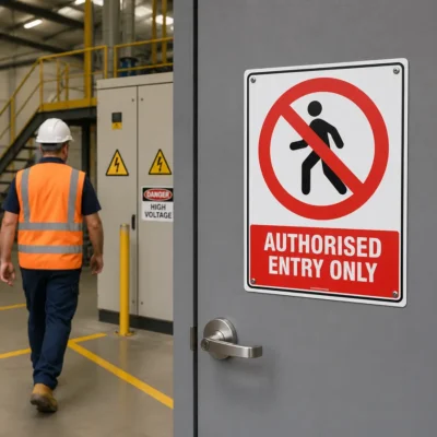 Authorised Entry Only sign displayed on a restricted industrial electrical room door to prevent unauthorised access