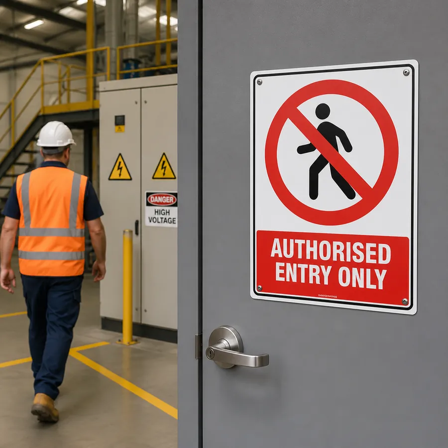 authorised-entry-only-use-case Authorised Entry Only sign displayed on a restricted industrial electrical room door to prevent unauthorised access