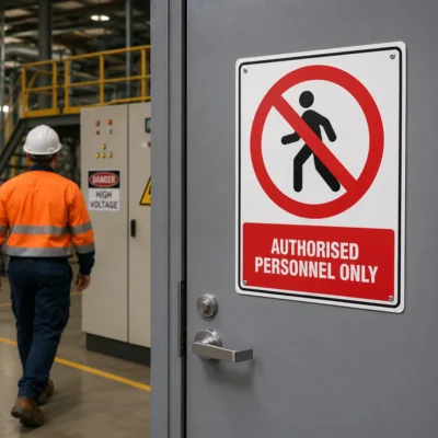 Authorised Personnel Only sign displayed on a restricted industrial access door leading to a high-risk work area