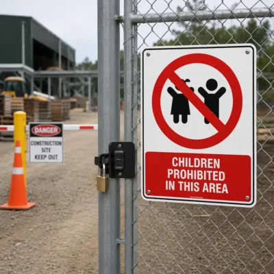 Children Prohibited In This Area sign installed on a locked construction site gate to prevent unauthorised access by children