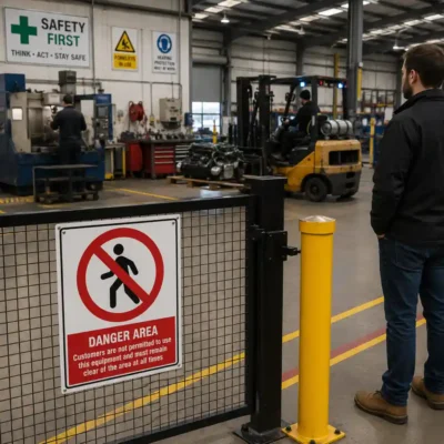 Danger Area sign installed on a safety barrier in a factory workshop where customers must remain clear of operating equipment