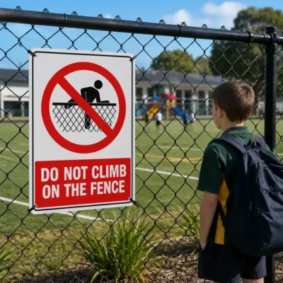 Do Not Climb On The Fence sign attached to a school boundary fence to discourage climbing and improve safety