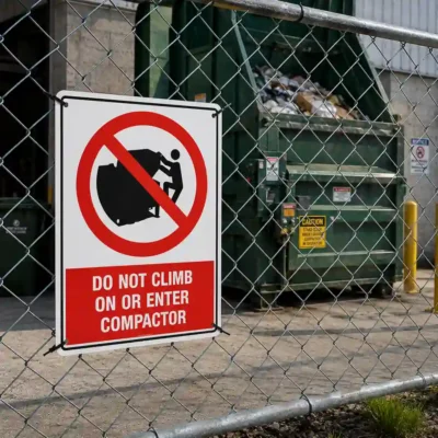 Do Not Climb On Or Enter Compactor sign mounted on security fencing in front of an industrial waste compactor.