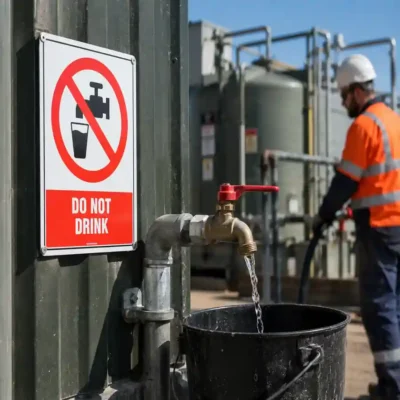 Do Not Drink sign mounted beside a non-potable water tap at an industrial facility in New Zealand