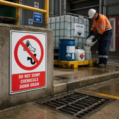 Do Not Dump Chemicals Down Drain sign installed beside a stormwater drain in an industrial chemical storage area