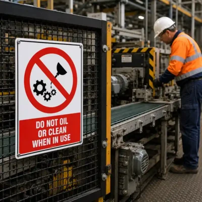 Do Not Oil Or Clean sign mounted on an industrial conveyor system to prevent maintenance while machinery is operating