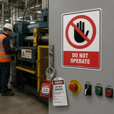 Do Not Operate sign mounted on industrial machinery undergoing maintenance in a manufacturing facility