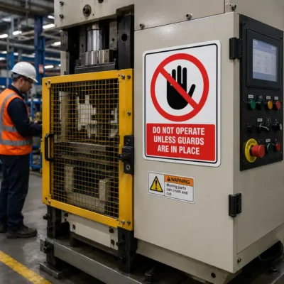 Do Not Operate Unless Guards sign mounted on an industrial machine with safety guards fitted in a manufacturing facility