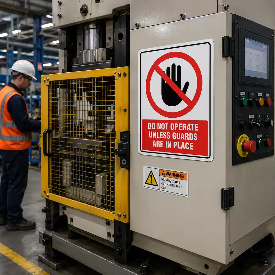 do-not-operate-unless-guards-use-case Do Not Operate Unless Guards sign mounted on an industrial machine with safety guards fitted in a manufacturing facility