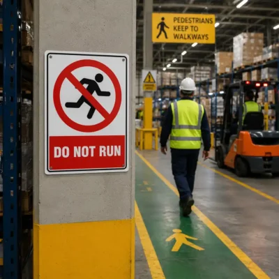 Do Not Run sign installed at a warehouse pedestrian walkway to prevent running near forklifts