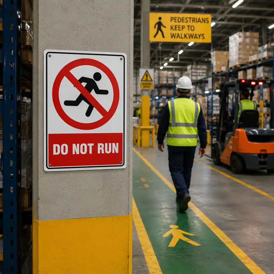 do-not-run-sign-use-case Do Not Run sign installed at a warehouse pedestrian walkway to prevent running near forklifts