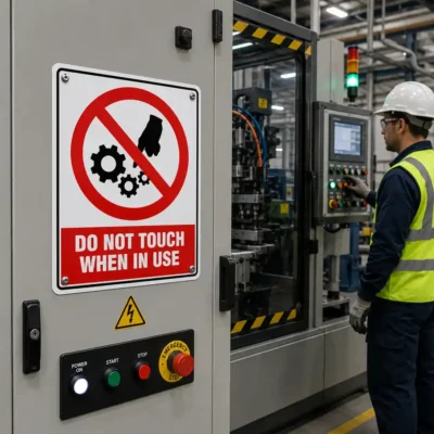 Do Not Touch When In Use sign mounted on operating industrial machinery in a manufacturing facility