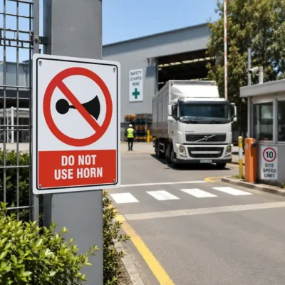 Do Not Use Horn sign installed at the entrance to an industrial site to reduce unnecessary vehicle noise
