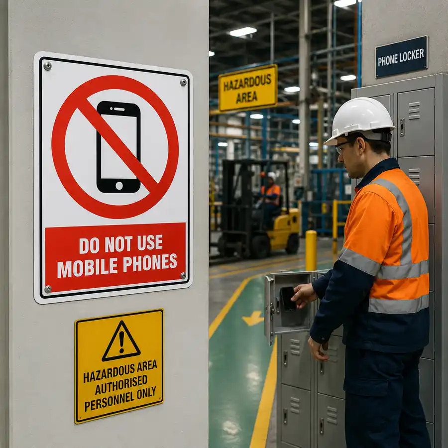 do-not-use-mobile-phones-sign-use-case Do Not Use Mobile Phones sign installed at the entrance to a hazardous industrial work area
