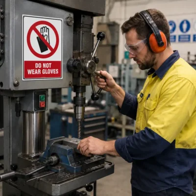 Do Not Wear Gloves sign mounted on a pedestal drill in an engineering workshop to prevent entanglement injuries