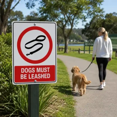 Dogs Must Be Leashed sign installed beside a public park walkway with a dog owner walking a leashed dog