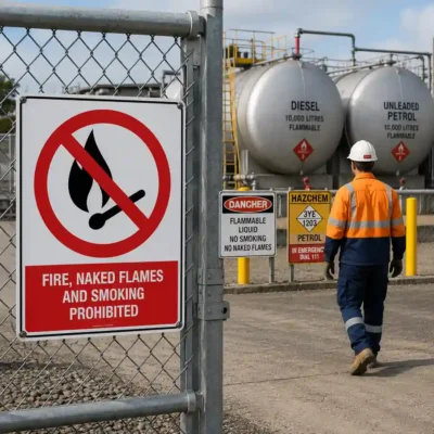Fire, Naked Flames and Smoking Prohibited sign installed at an industrial fuel storage facility in New Zealand