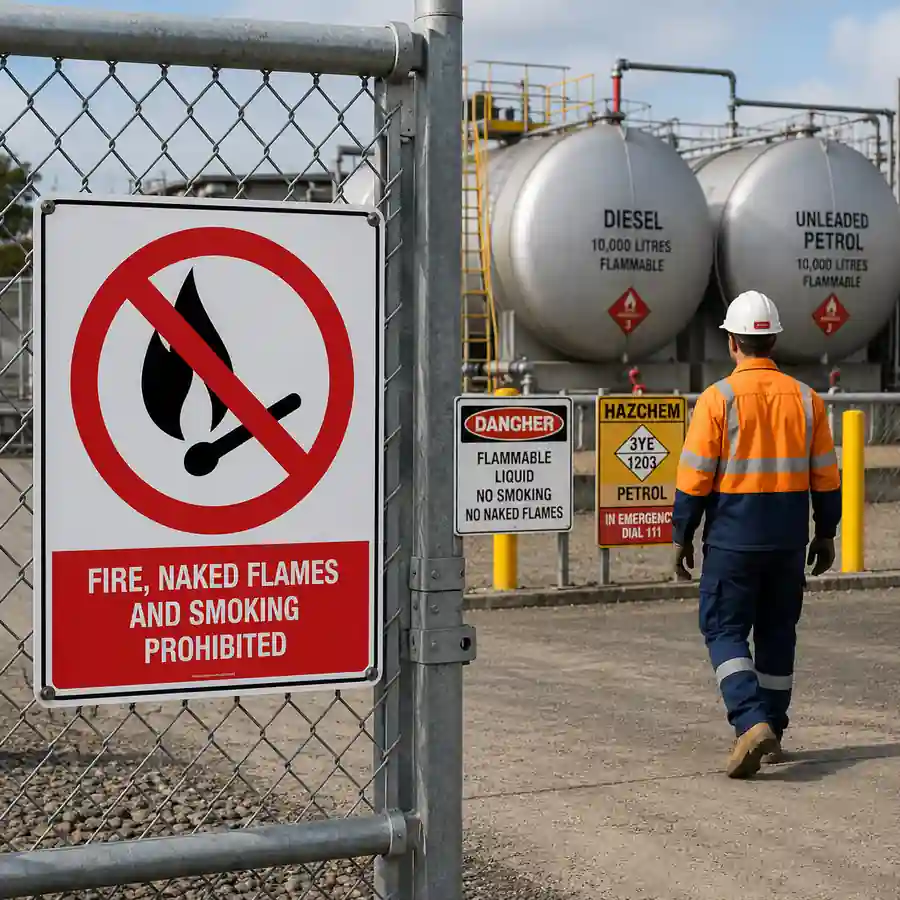fire-naked-flames-and-smoking-prohibited-sign-use-case Fire, Naked Flames and Smoking Prohibited sign installed at an industrial fuel storage facility in New Zealand