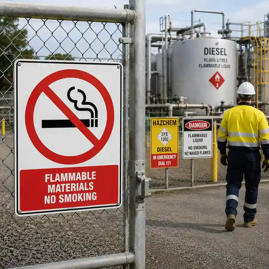 flammable-materials-no-smoking-sign-use-case Flammable Materials No Smoking sign installed at an industrial fuel storage facility in New Zealand