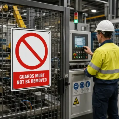 Guards Must Not Be Removed sign mounted on industrial machinery with safety guards fitted in a New Zealand workshop