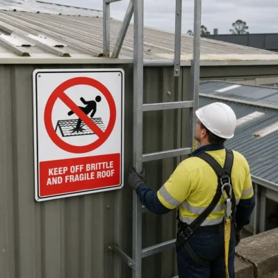 Keep Off Brittle and Fragile Roof sign installed beside a roof access ladder at an industrial building in New Zealand