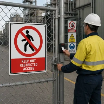 Keep Out Restricted Access sign mounted on a locked security gate at a restricted industrial area in New Zealand
