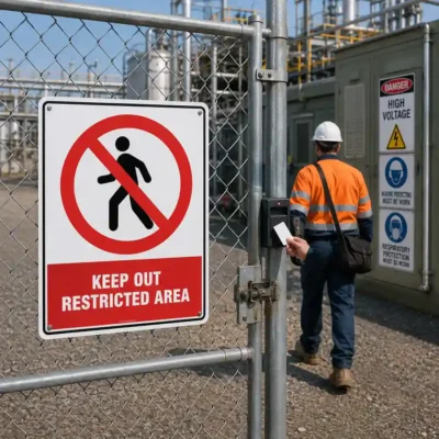 Keep Out Restricted Area sign mounted on a security fence at a restricted industrial facility in New Zealand