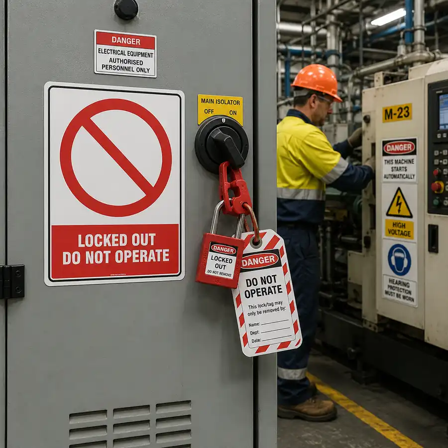 locked-out-do-not-operate-sign-use-case Locked Out Do Not Operate sign mounted on isolated industrial machinery during maintenance in New Zealand