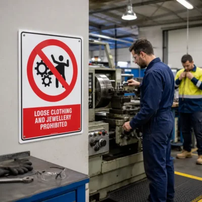 Loose Clothing and Jewellery Prohibited sign beside industrial machinery in a New Zealand engineering workshop