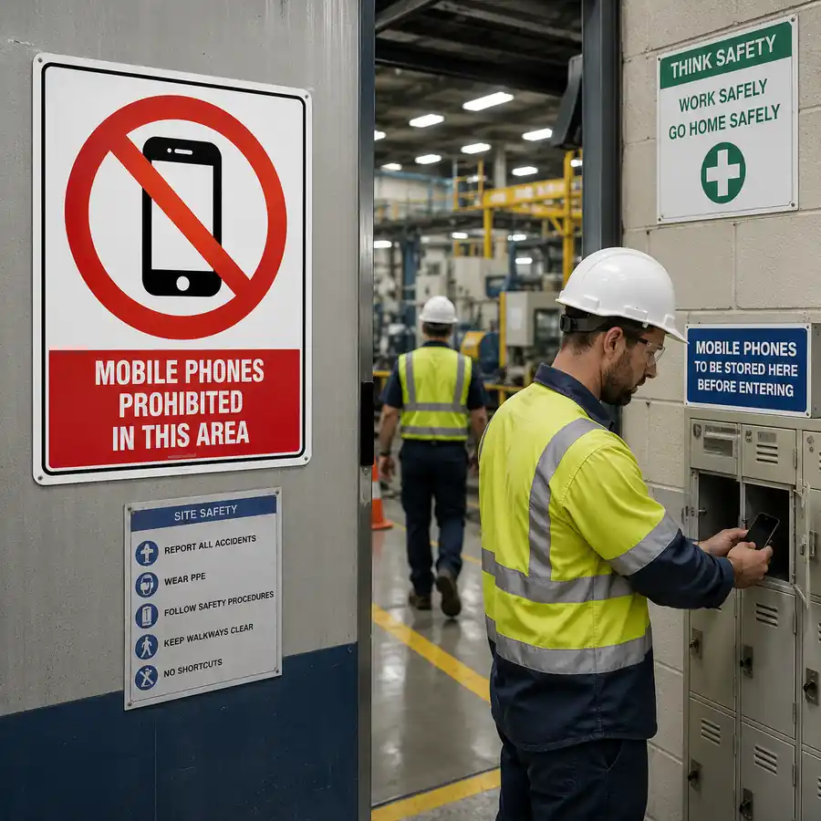 mobile-phones-prohibited-in-this-area-sign-use-case Mobile Phones Prohibited In This Area sign installed at the entrance to a New Zealand industrial workplace