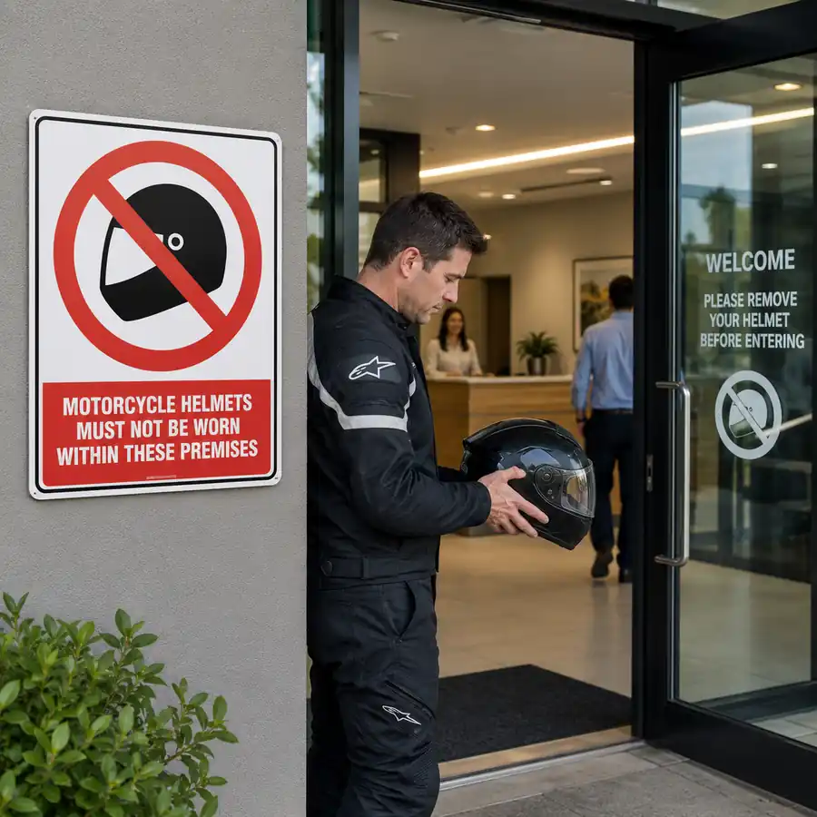 motorcycle-helmets-must-not-be-worn-sign-use-case Motorcycle Helmets Must Not Be Worn sign installed at the entrance to a New Zealand commercial building