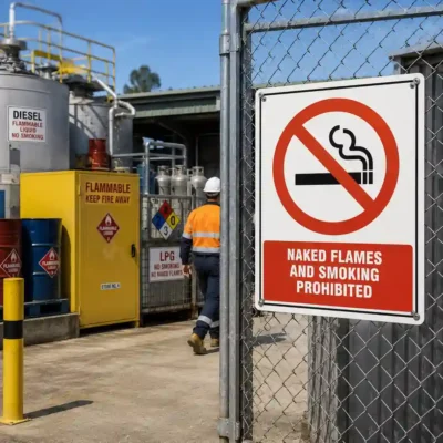 Naked Flames and Smoking Prohibited sign installed at hazardous fuel storage area in New Zealand