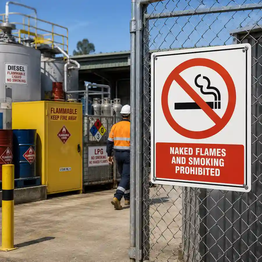 naked-flames-and-smoking-prohibited-sign-use-case Naked Flames and Smoking Prohibited sign installed at hazardous fuel storage area in New Zealand