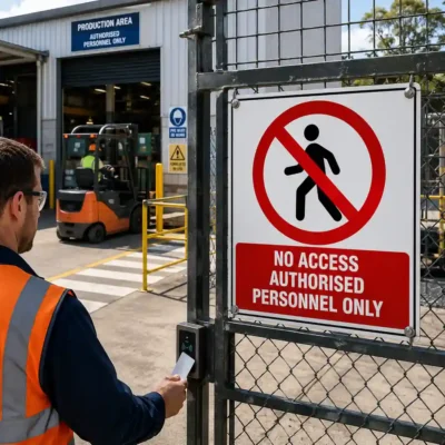 No Access Authorised Personnel Only sign installed at restricted industrial workplace entrance in New Zealand