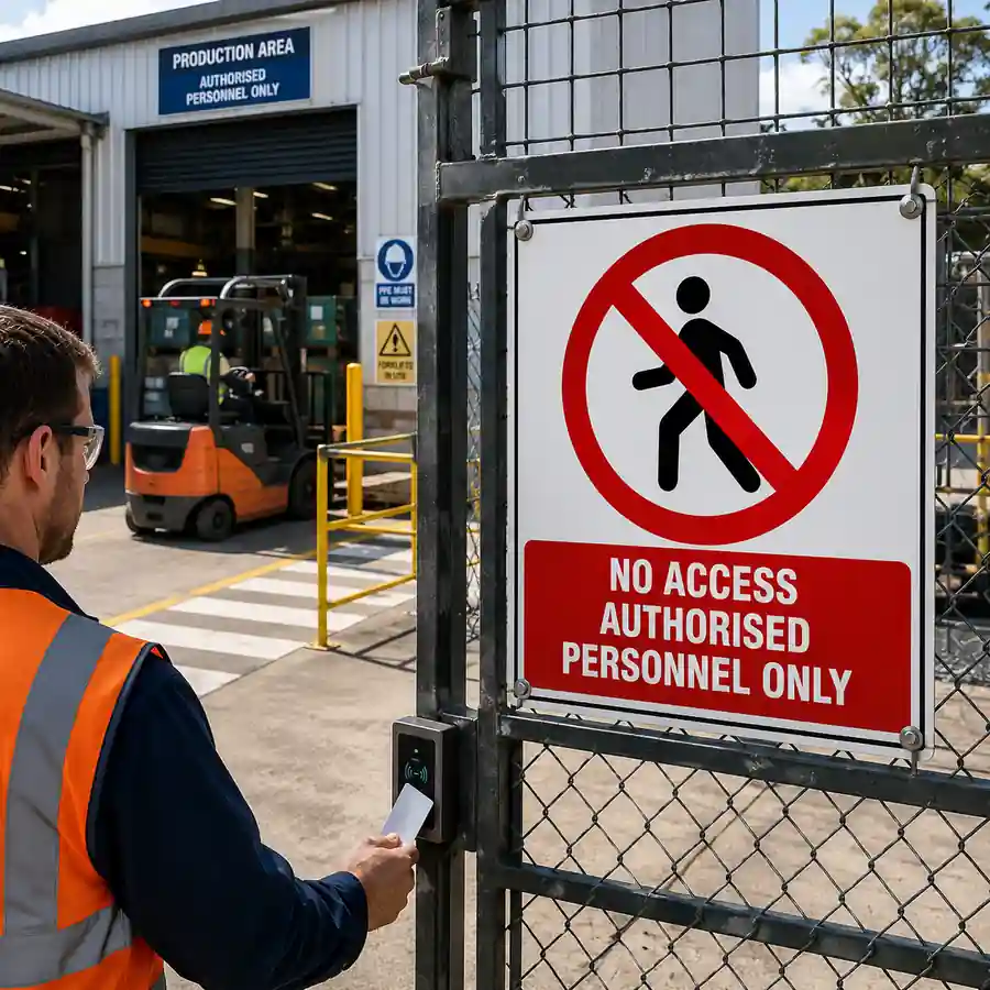 no-access-authorised-personnel-only-sign-use-case No Access Authorised Personnel Only sign installed at restricted industrial workplace entrance in New Zealand