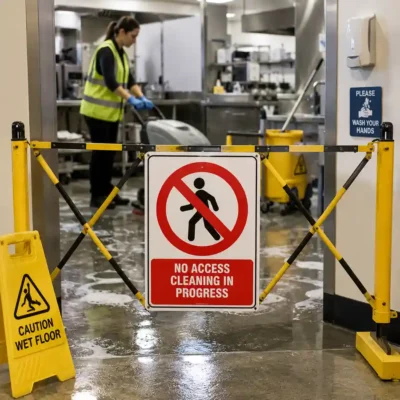 No Access Cleaning In Progress sign displayed at the entrance to a commercial cleaning area in New Zealand