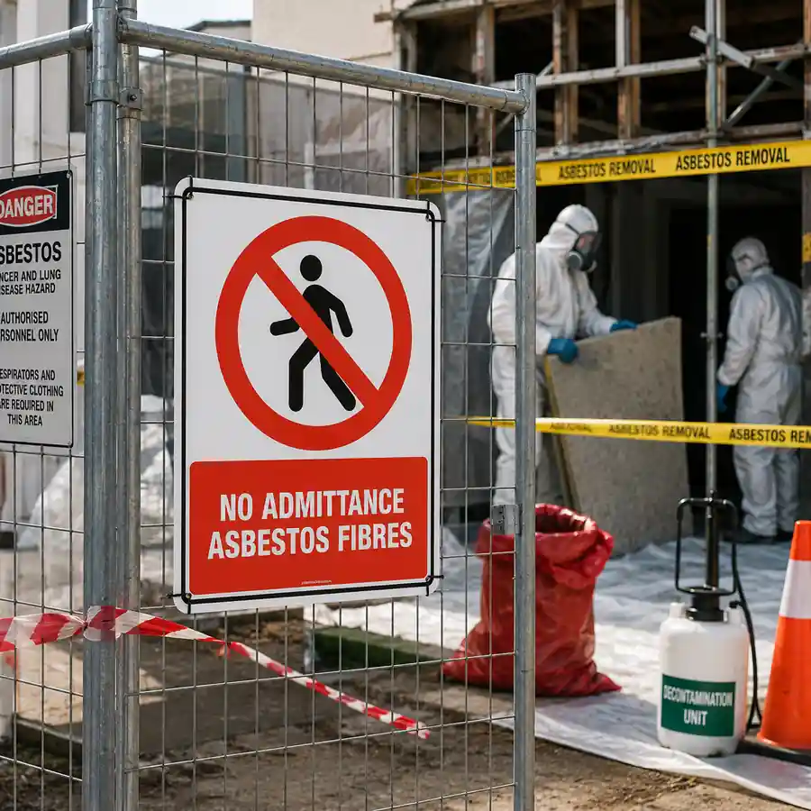 no-admittance-asbestos-fibres-sign-use-case No Admittance Asbestos Fibres sign displayed at a restricted asbestos removal area in New Zealand