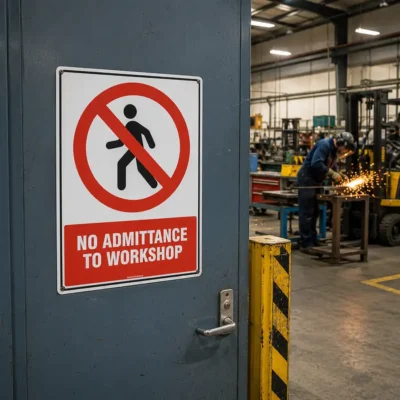 No Admittance To Workshop sign displayed at the entrance to a busy engineering workshop in New Zealand