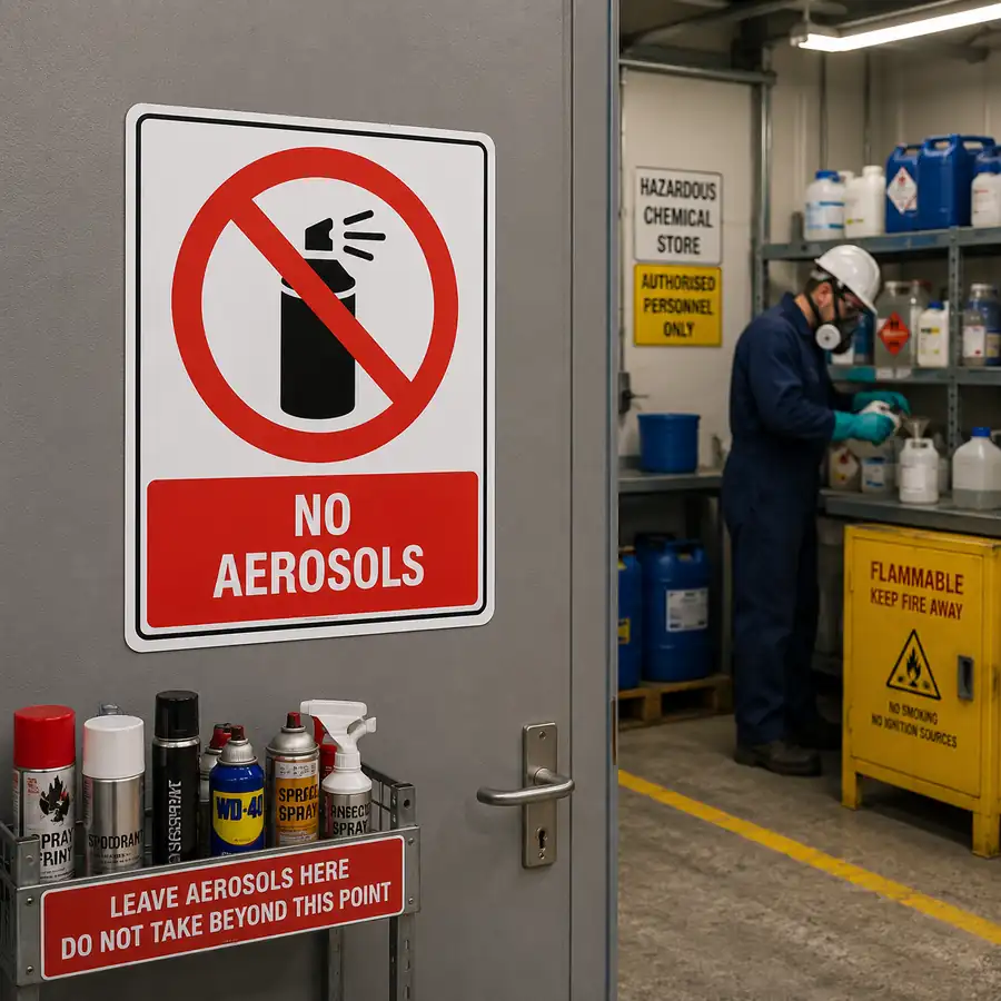 no-aerosols-sign-use-case No Aerosols sign displayed at the entrance to a hazardous chemical storage area in an industrial workplace
