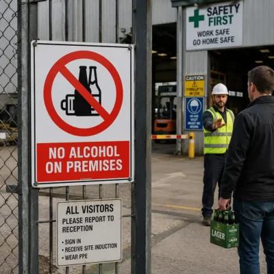 No Alcohol On Premises sign displayed at the entrance to an industrial workplace in New Zealand