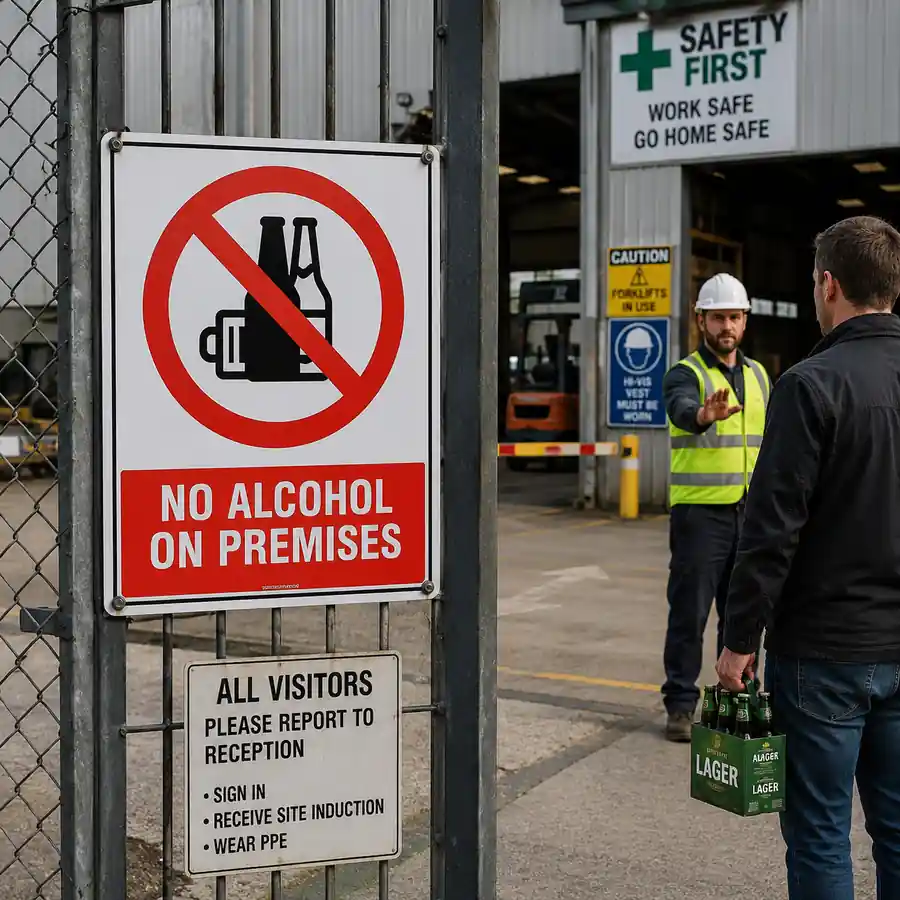 no-alcohol-on-premises-sign-use-case No Alcohol On Premises sign displayed at the entrance to an industrial workplace in New Zealand