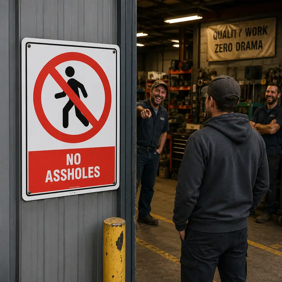 no-assholes-sign-use-case Funny No Assholes sign displayed at the entrance to an engineering workshop in New Zealand