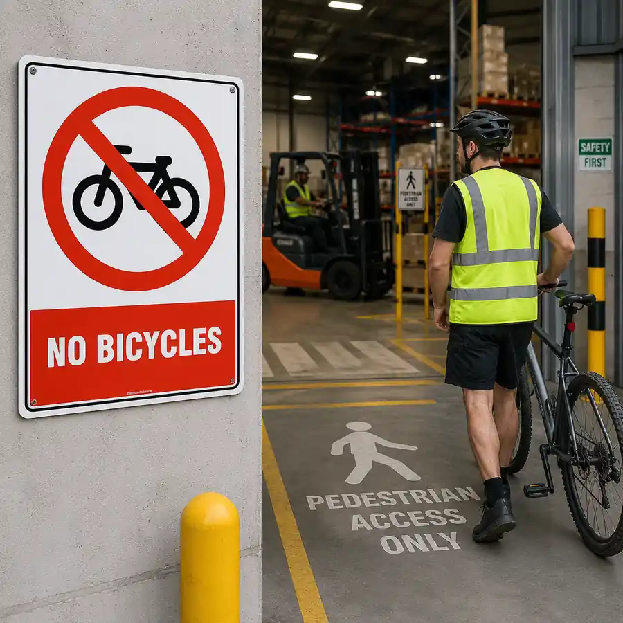 no-bicycles-sign-use-case No Bicycles sign installed at a warehouse entrance where cyclists must dismount before entering