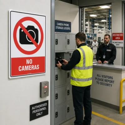 No Cameras sign displayed at the entrance to a secure industrial facility where photography is prohibited