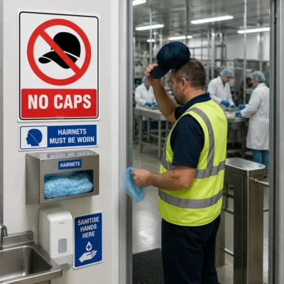 No Caps sign displayed at the entrance to a food production area where visitors remove caps before entering