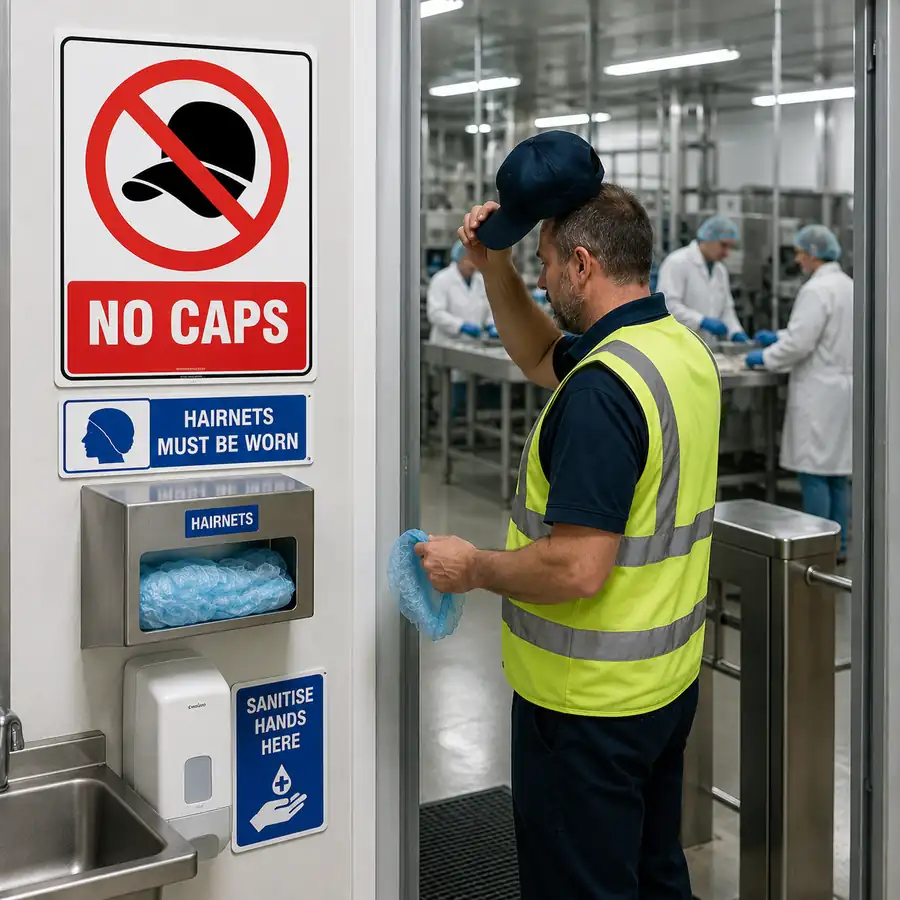 no-caps-sign-use-case No Caps sign displayed at the entrance to a food production area where visitors remove caps before entering