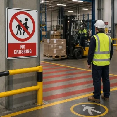 No Crossing sign installed beside a warehouse pedestrian exclusion zone where forklifts operate