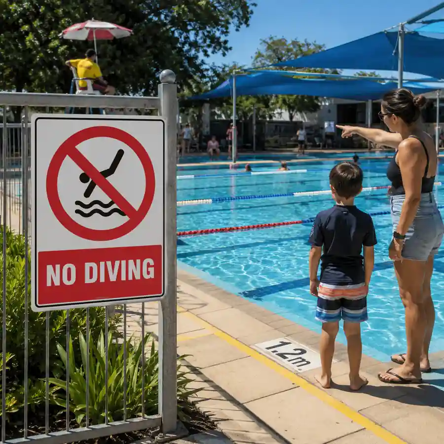 no-diving-sign-use-case No Diving sign installed beside a shallow public swimming pool warning against diving